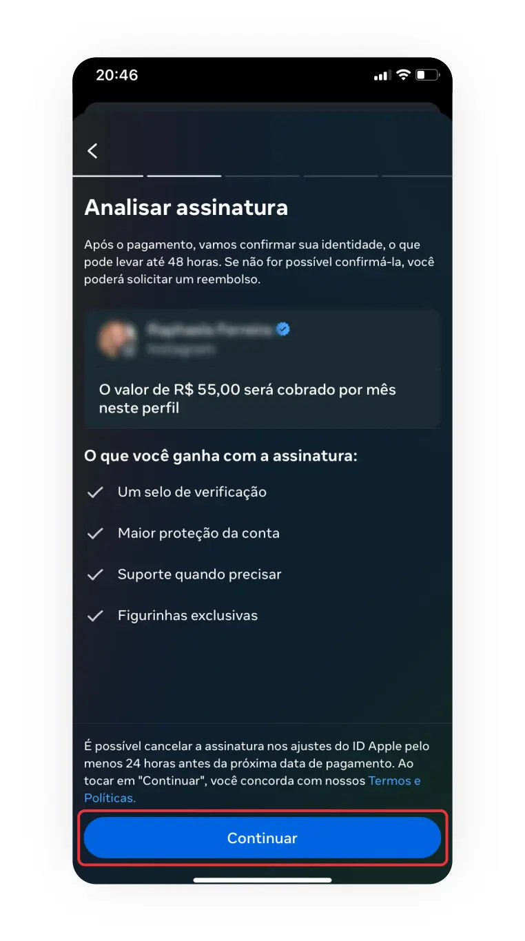Print cobrança Meta Verified do Instagram