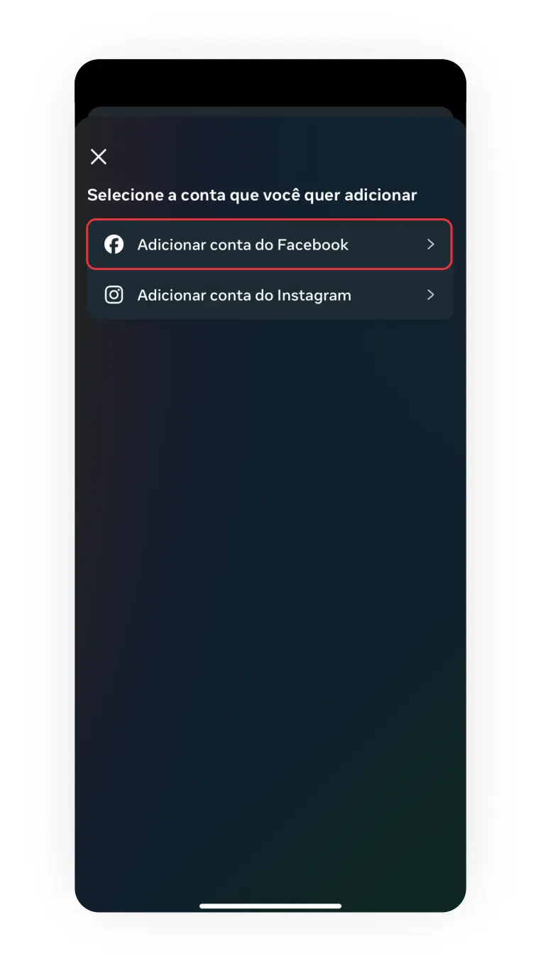 Print de tela para adicionar conta do Facebook no Instagram