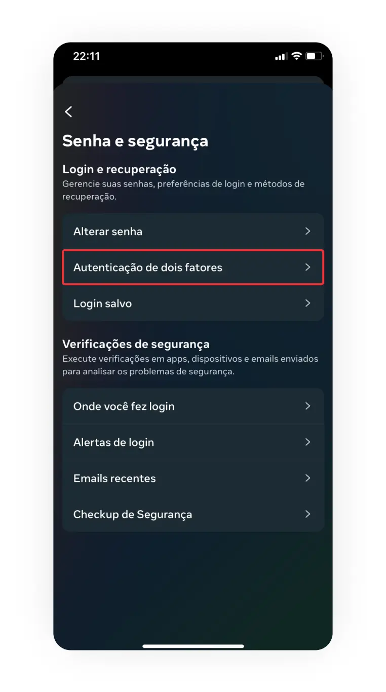 Print de tela autenticação de dois fatores no Instagram