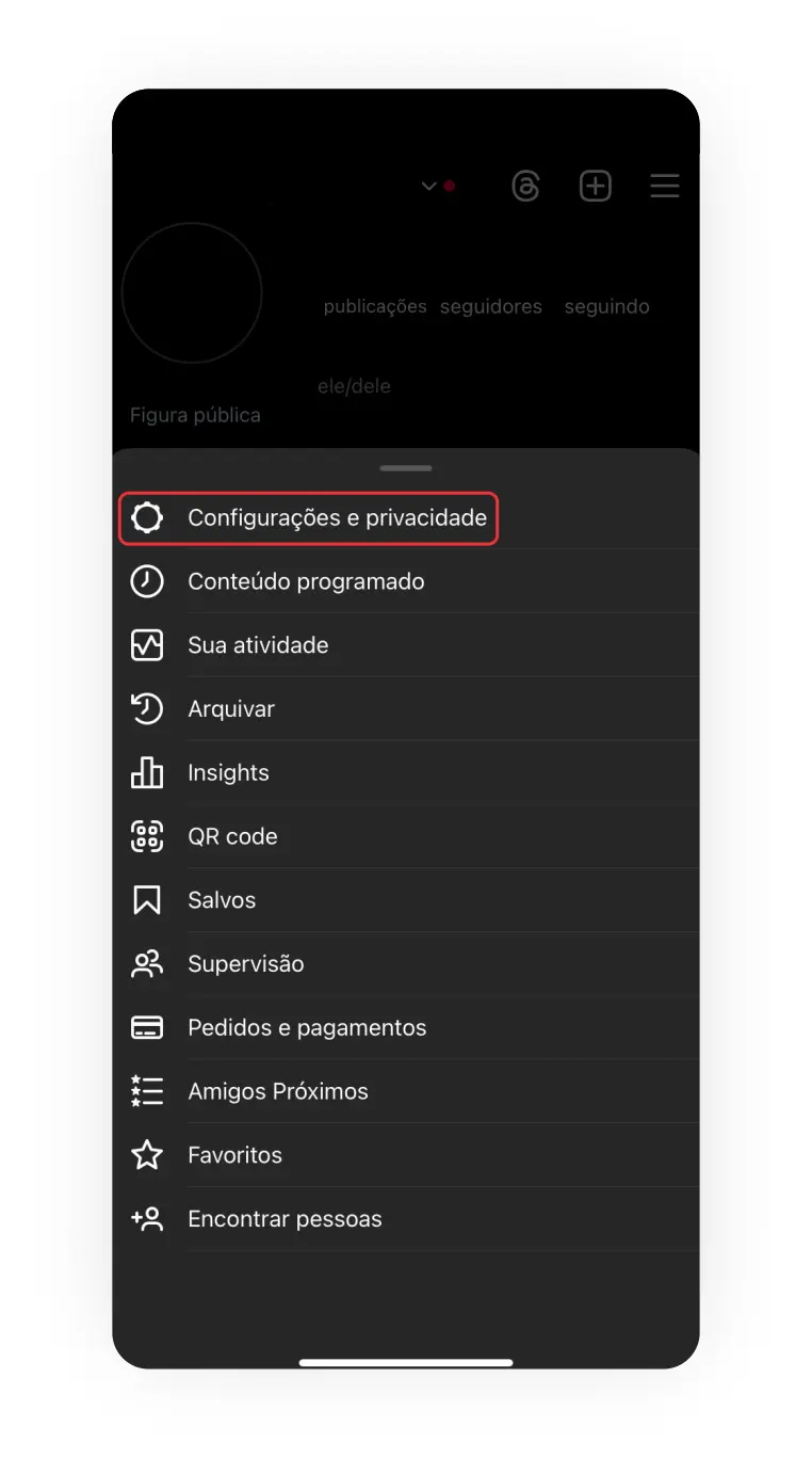 Print de tela configurações e privacidade no Instagram