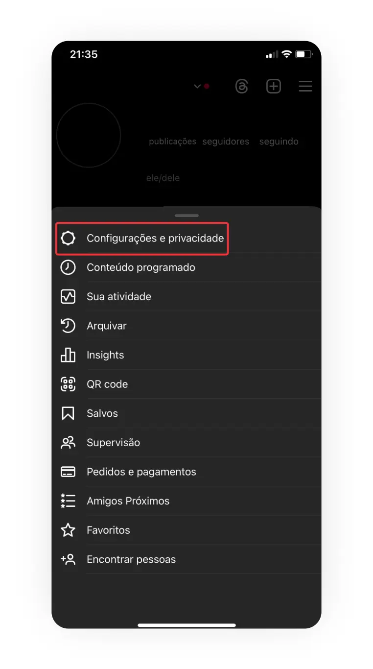 Print de tela configurações e privacidade no Instagram