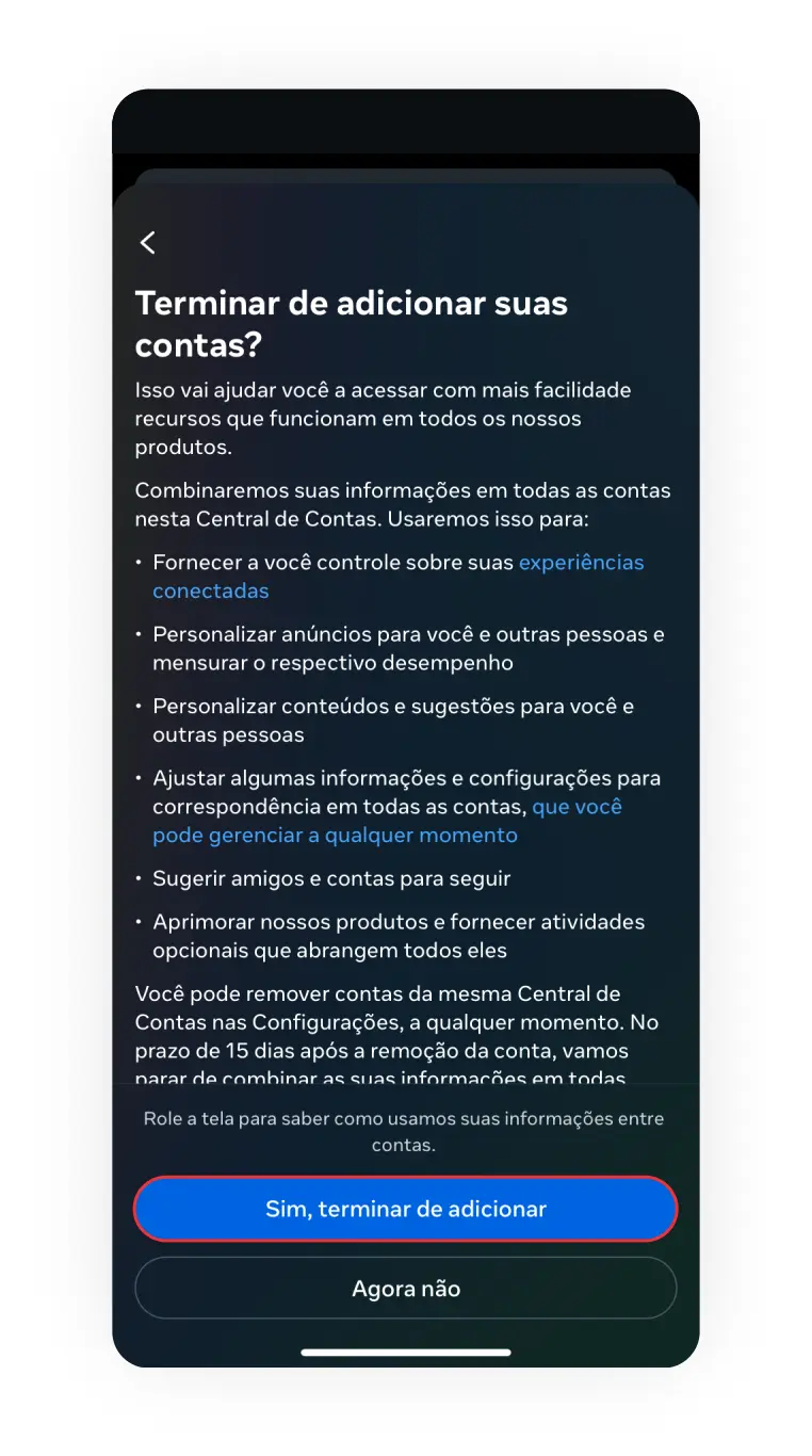Print de tela para confirmar integração entre Facebook e Instagram