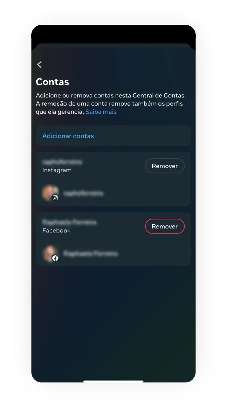 Print de tela para remover integração do Facebook com Instagram