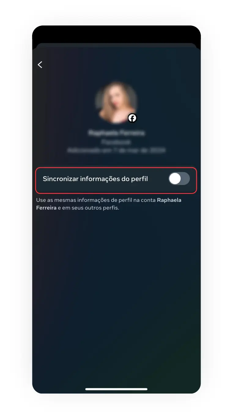Print de tela sincronizar informações do perfil no Instagram