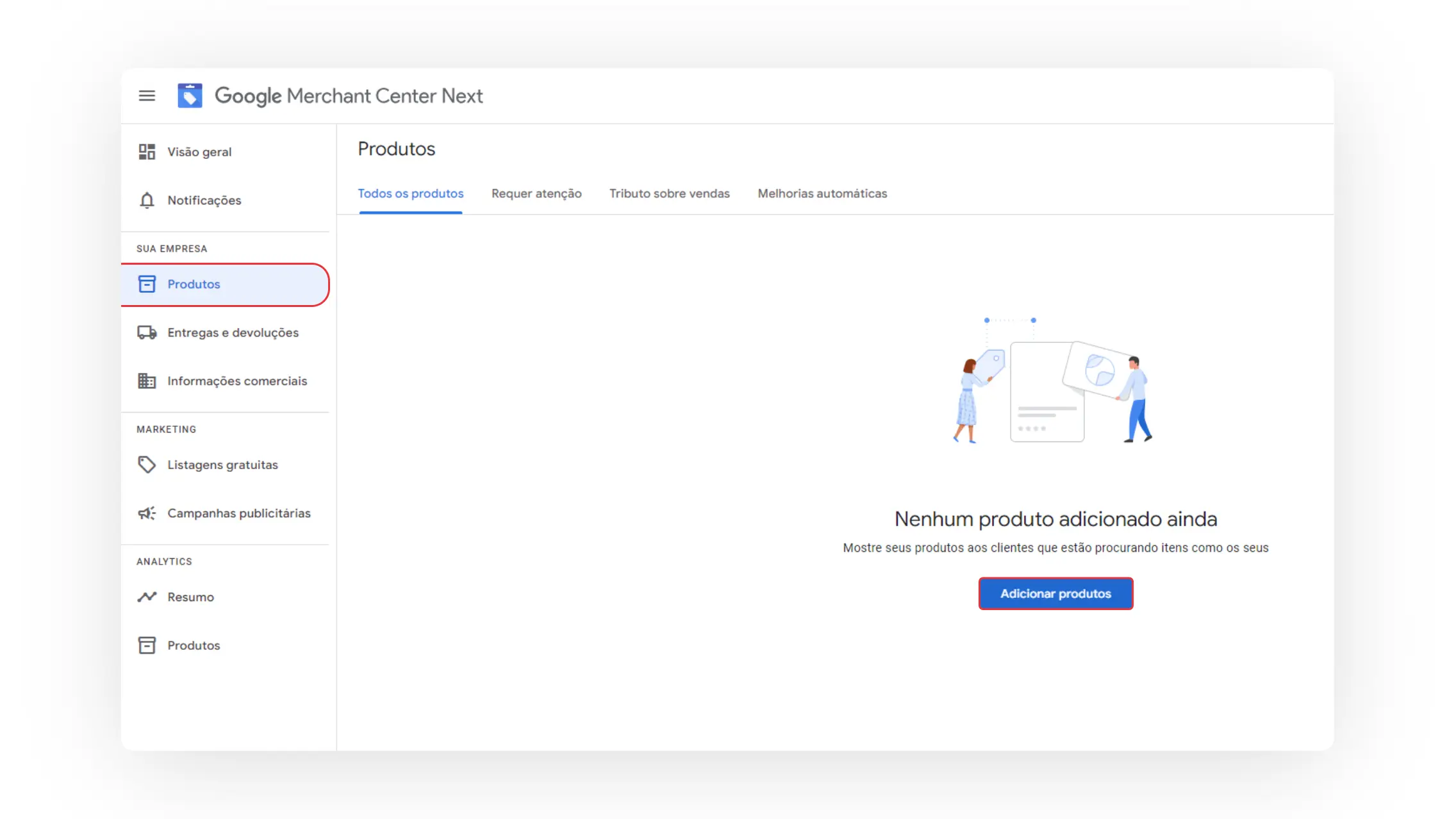 Adicionar produtos no Merchant Center