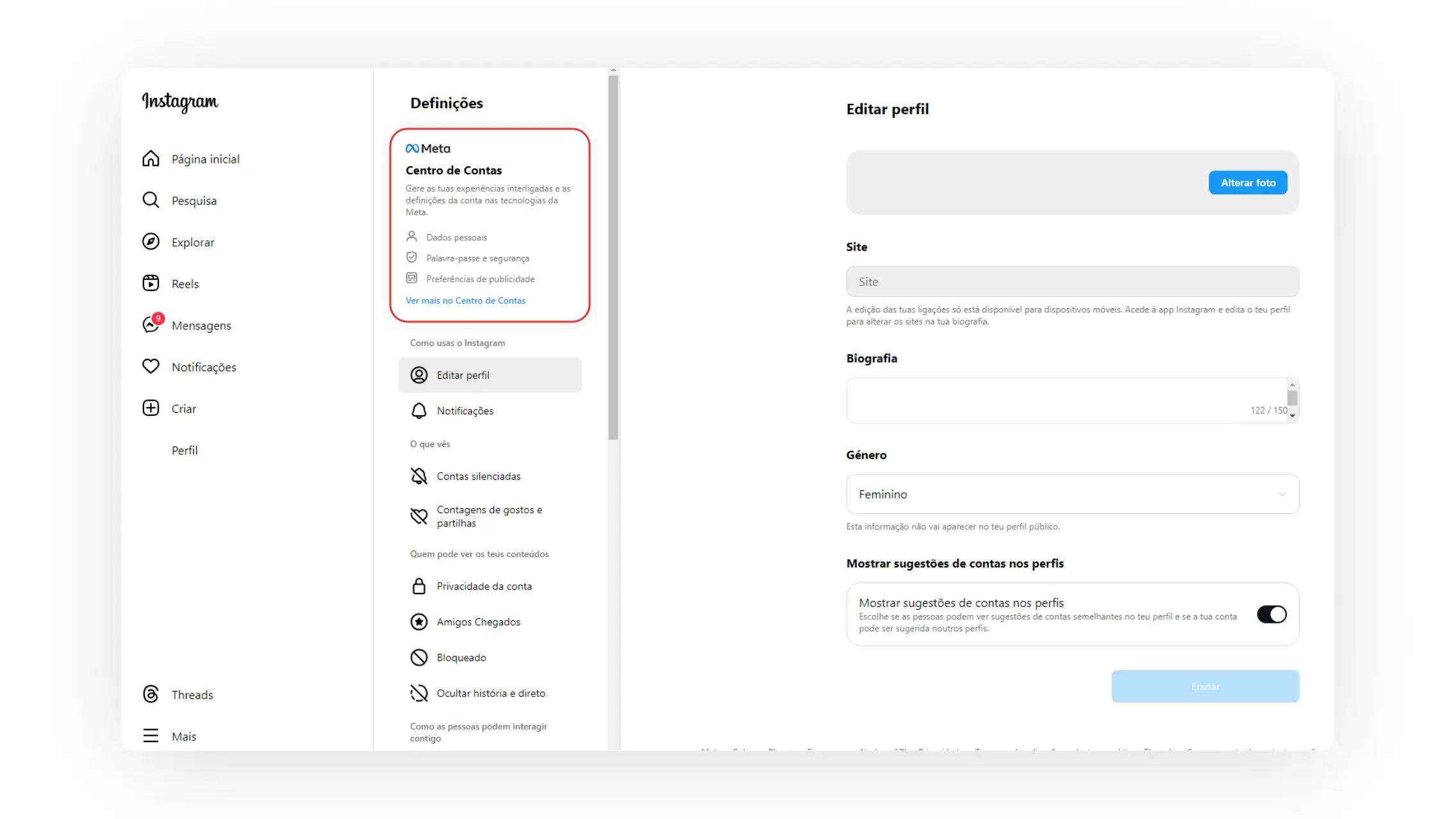 Print de tela Central de Contas do Instagram no computador.