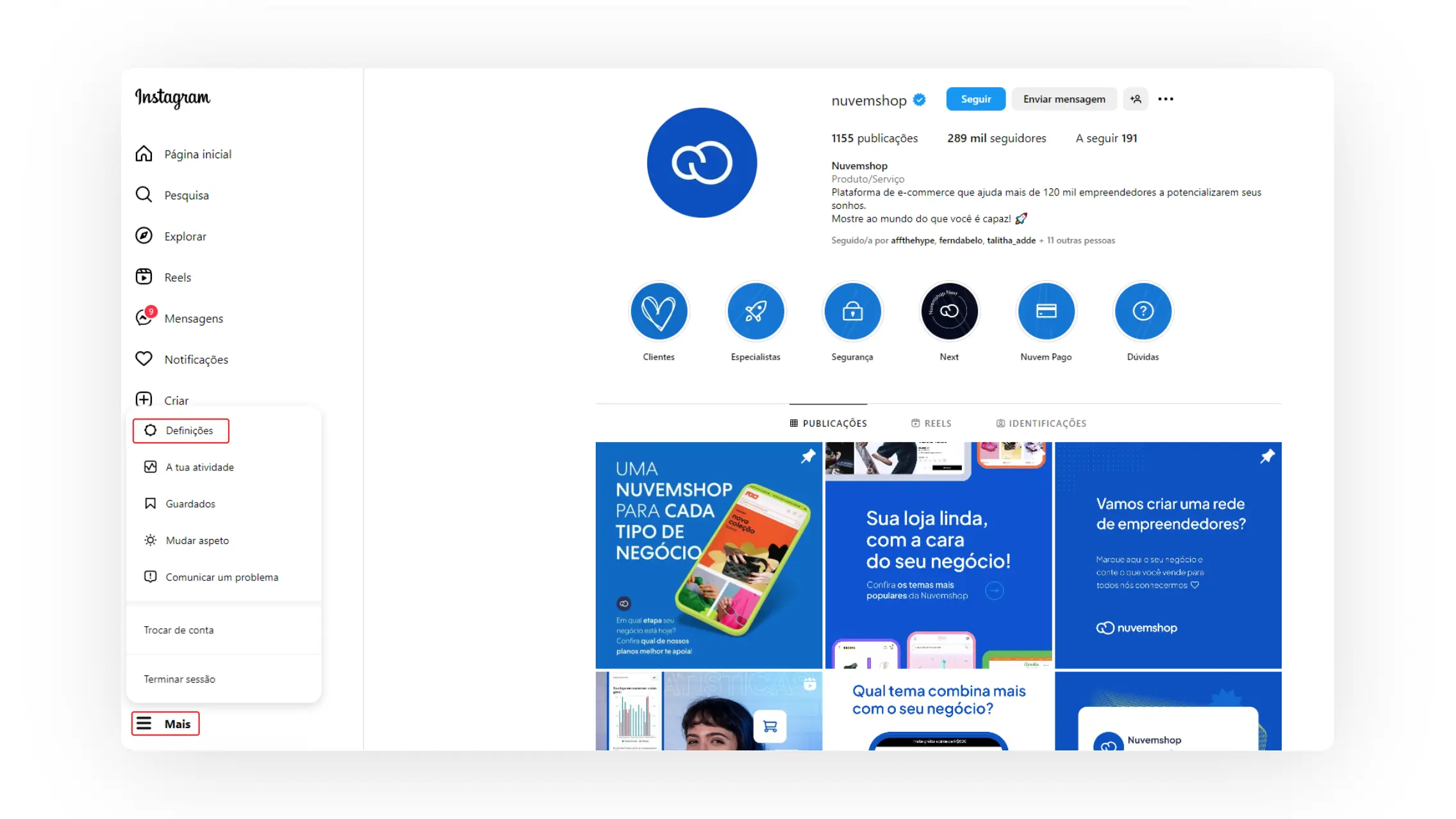 Print de tela Configurações e Definições no Instagram.