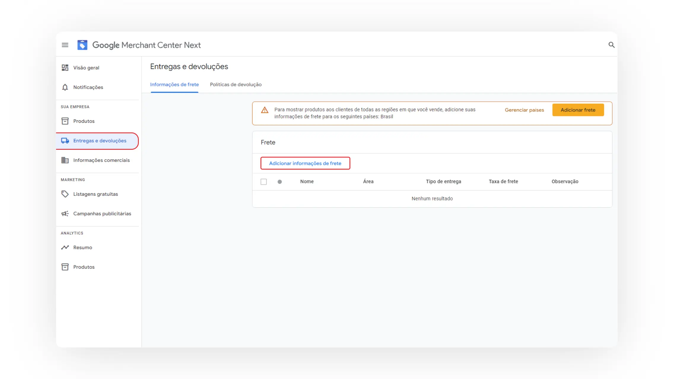 Frete, envio e impostos no Merchant Center