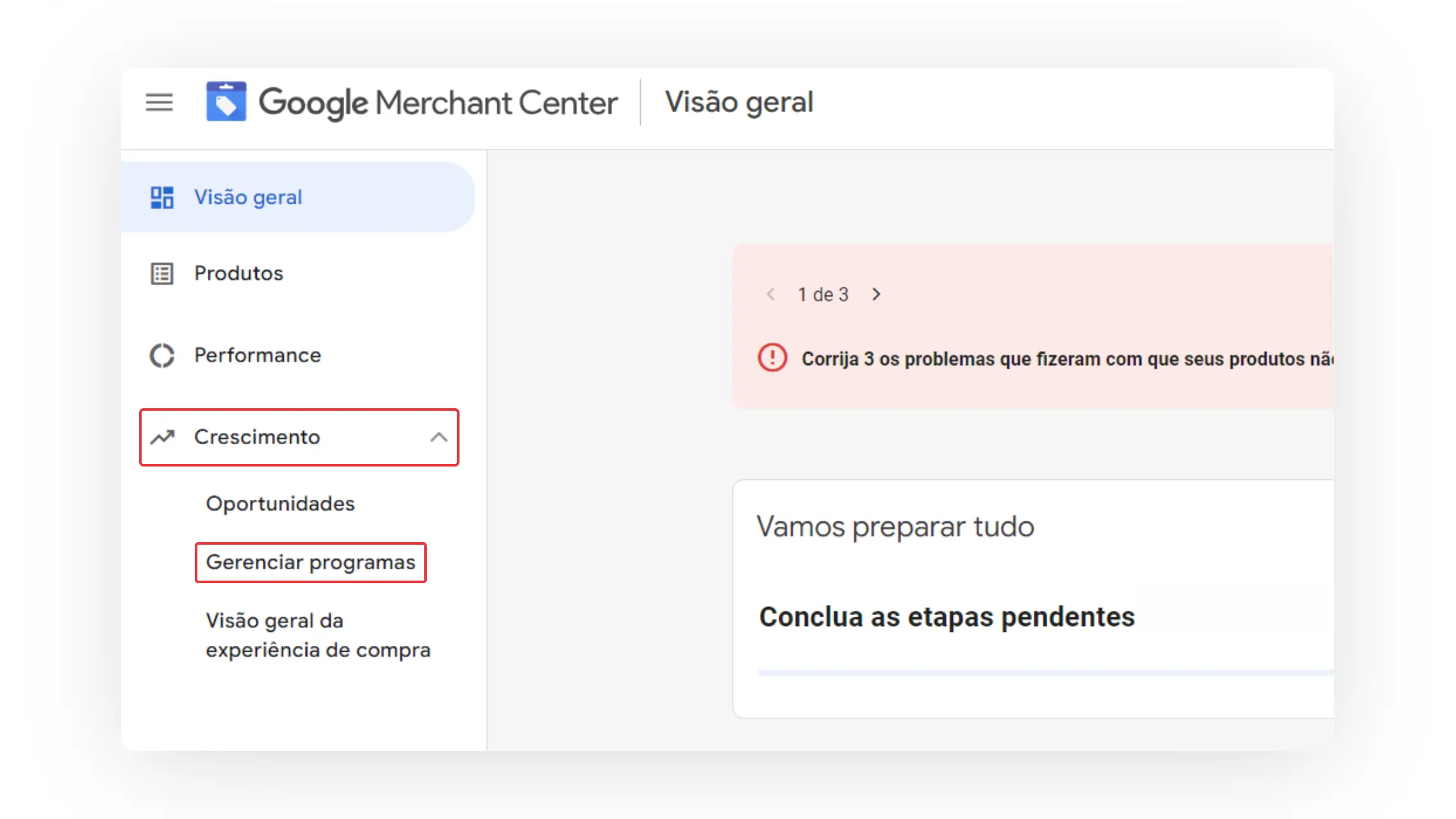 Opção crescimento no Google Merchant Center