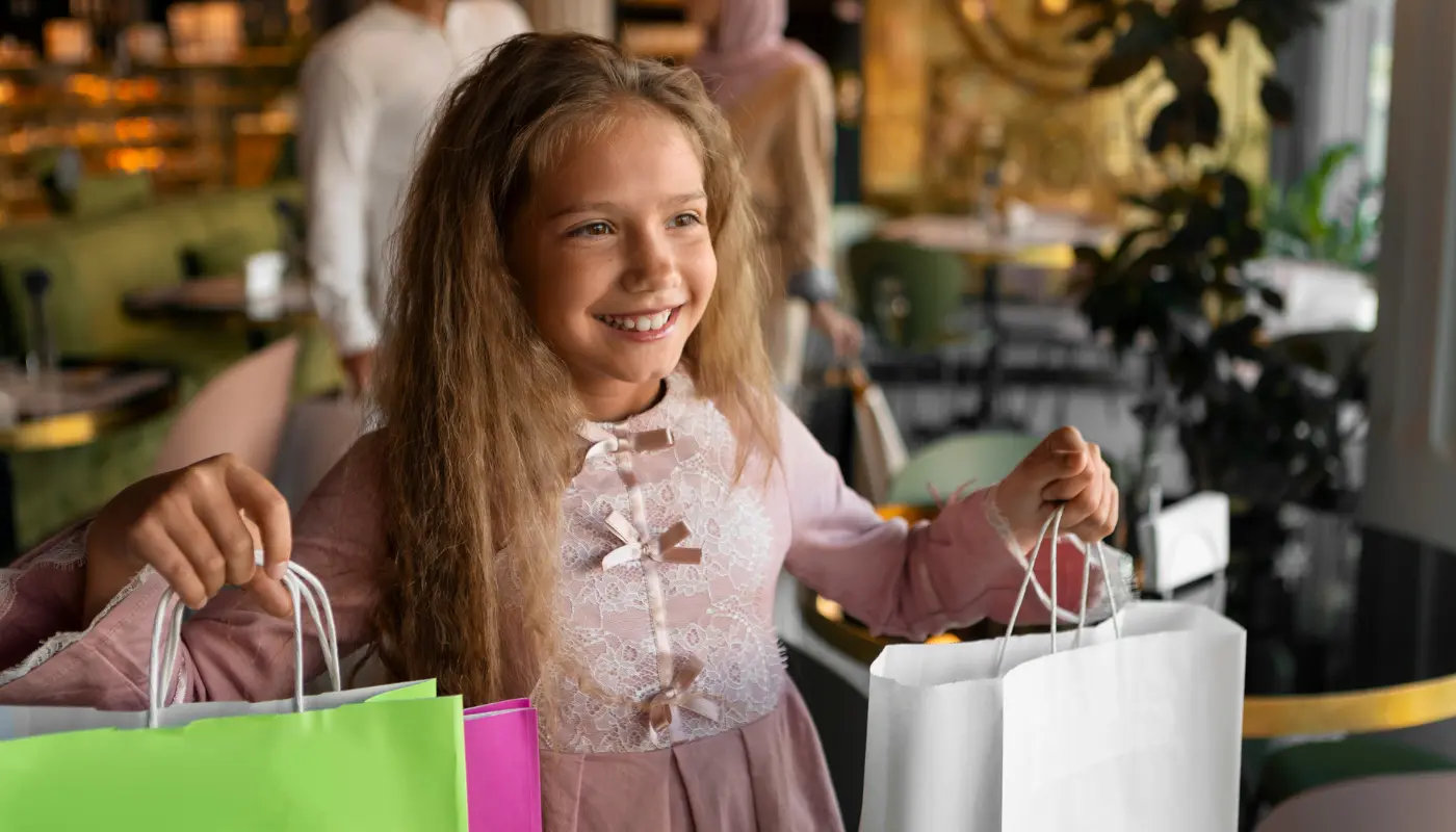 Criança loira de cabelos cacheados compridos segura várias sacolas de compras em uma loja.