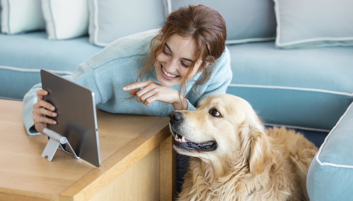 Mujer le muestra a su perra el pet shop online.