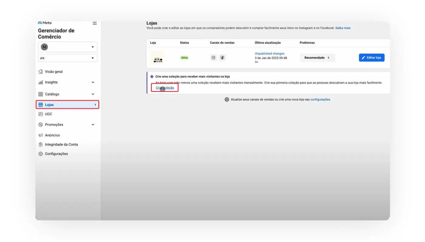 Botão para criar coleção no Instagram.