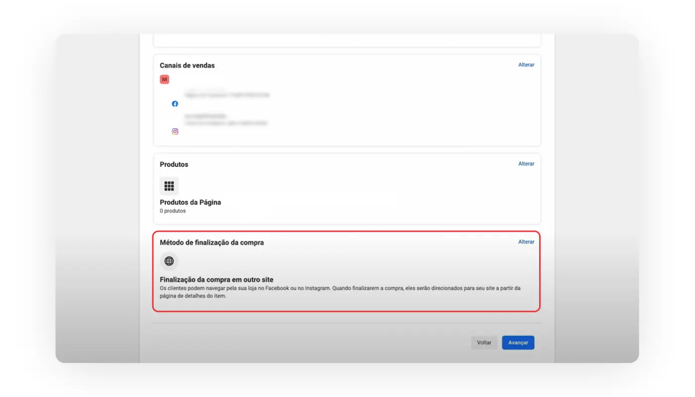 Opções de checkout no Gerenciador de Negócios no Facebook.