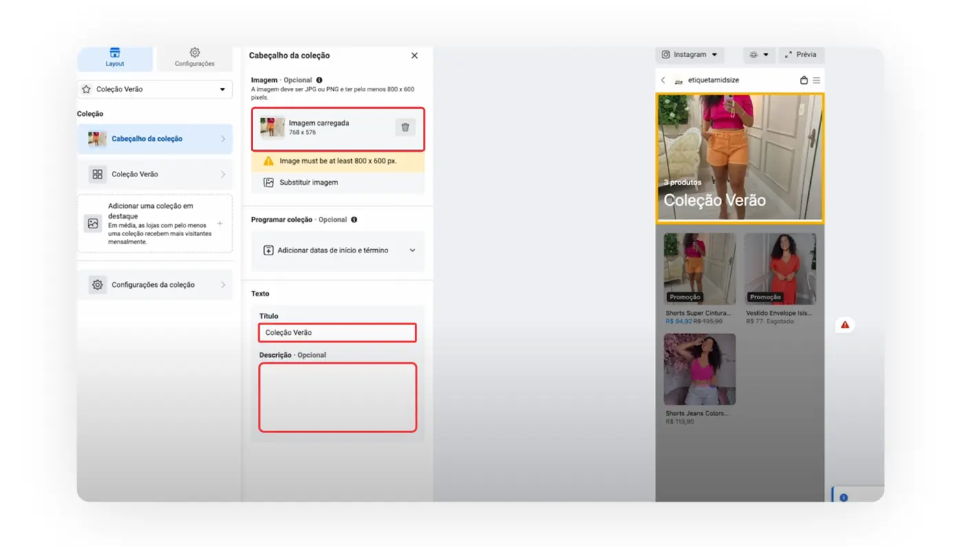 Opções para personalizar coleção no Instagram.