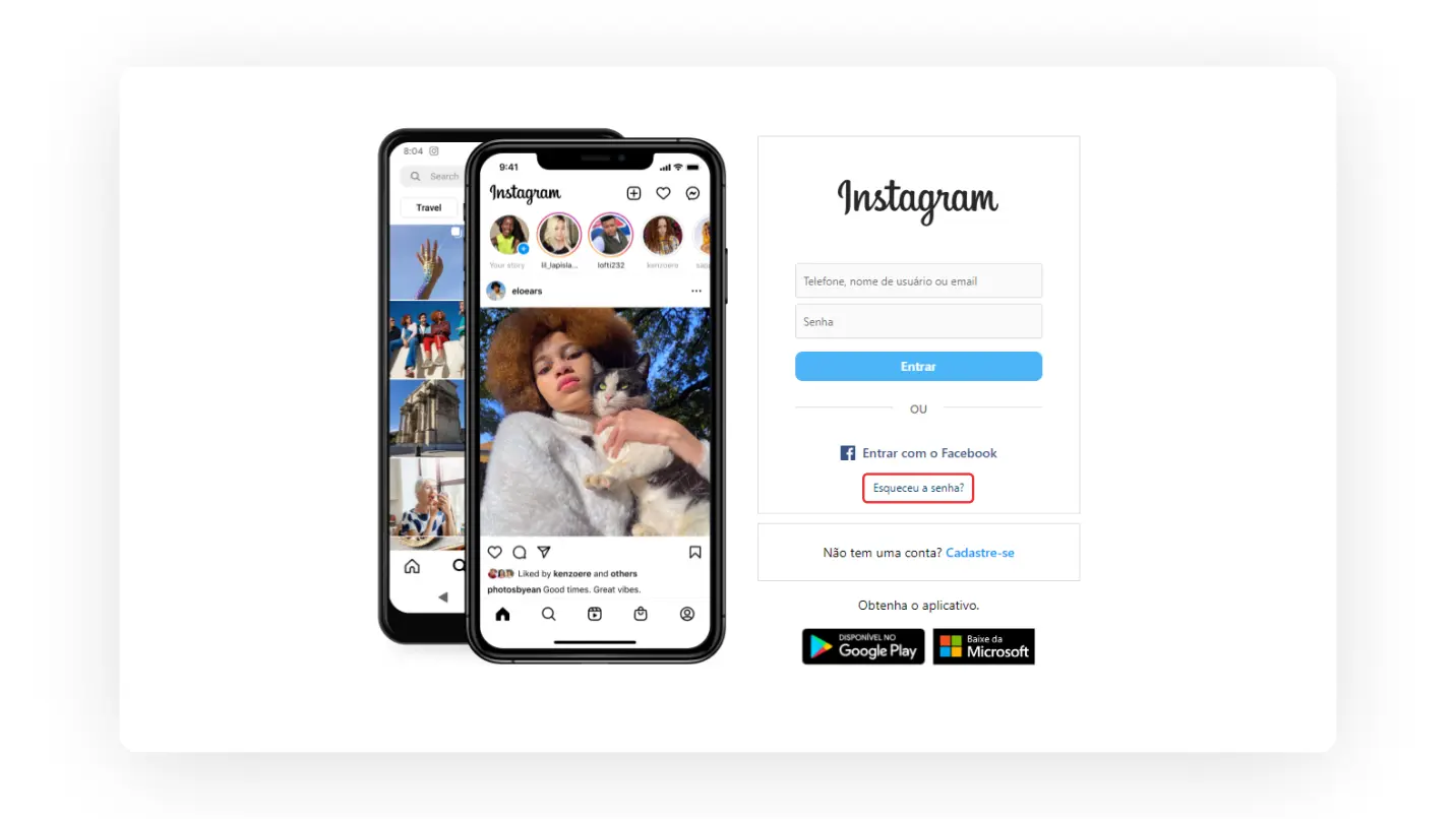 Print de tela da opção "Esqueceu sua senha" no Instagram por PC.