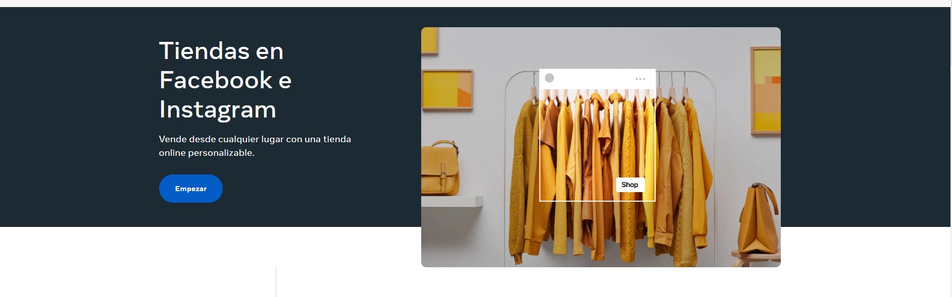 Pantalla de inicio para crear una tienda en Facebook.