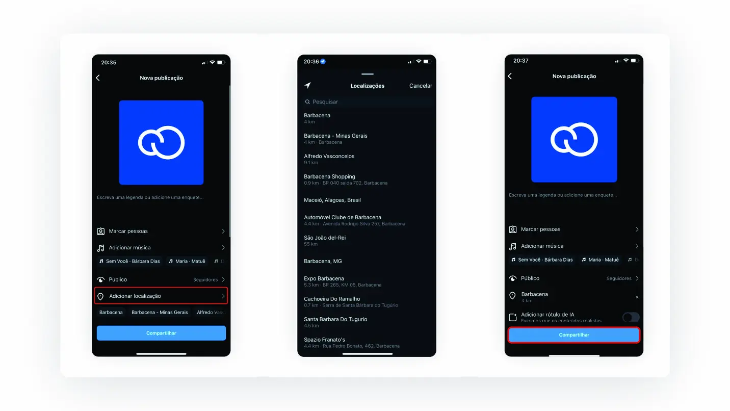 Passo a passo para adicionar localização no Instagram.