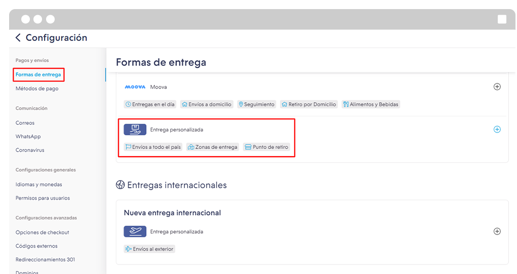 Captura de pantalla del administrador de Tiendanube. Opci&oacute;n: Formas de entrega