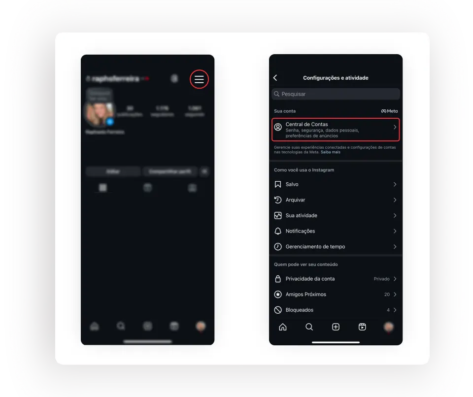 Configurações e Central de Contas do Instagram no celular.
