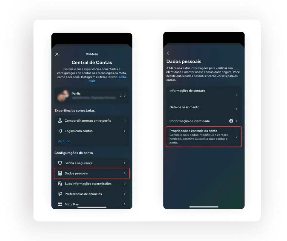 Dados pessoais e propriedades da conta do Instagram no celular.
