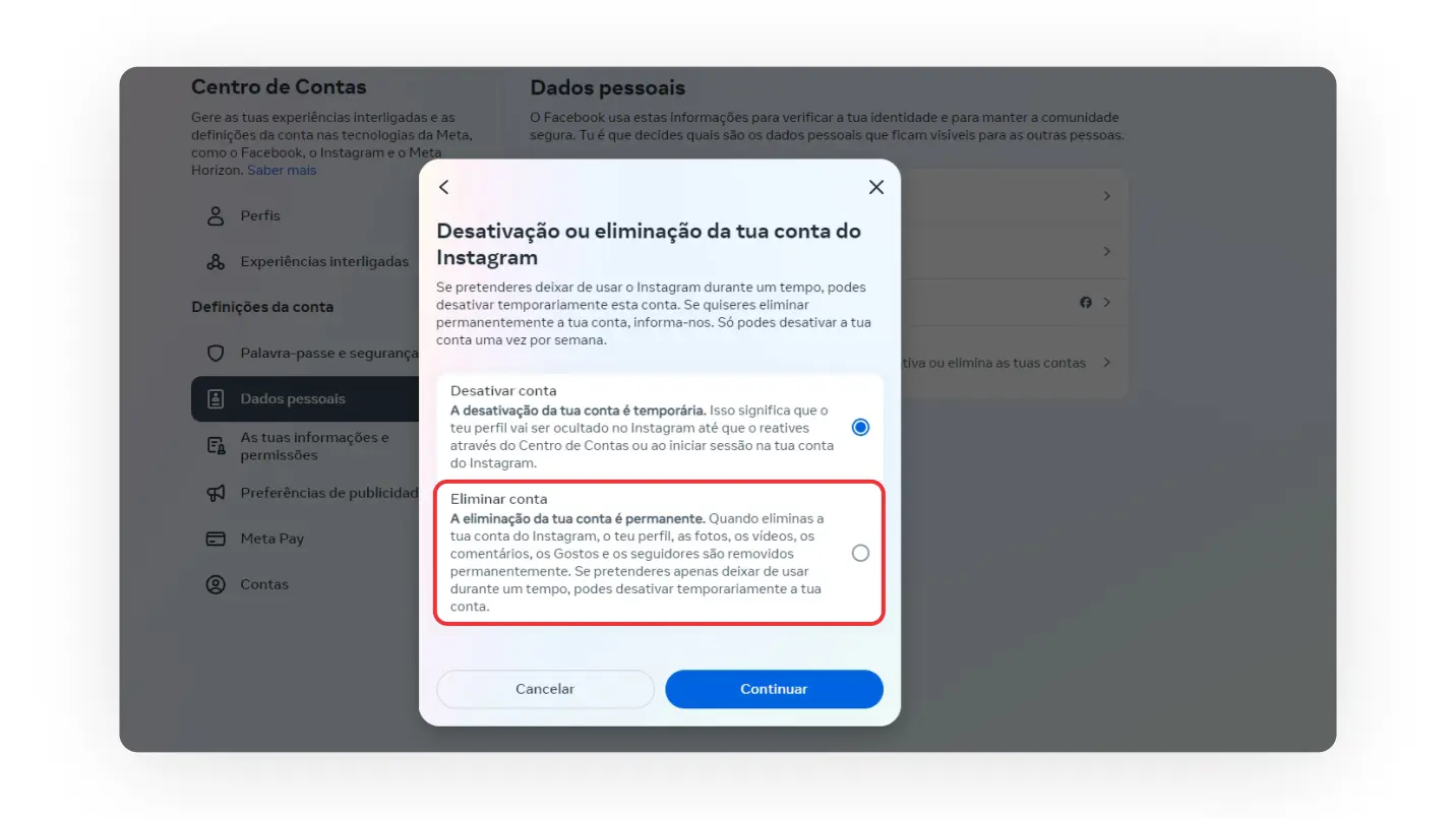 Eliminar conta do Instagram no computador.