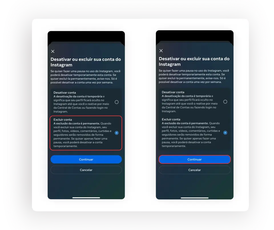 Excluir conta do Instagram no celular.