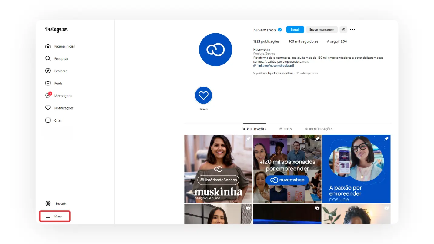 Configurações do Instagram no computador.