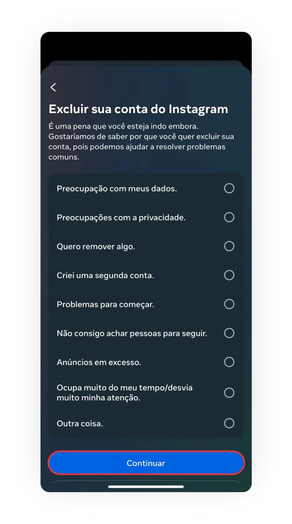 Motivo para excluir conta do Instagram no celular.