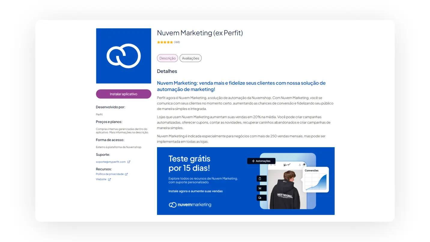 Captura de tela da página de instalação do app Nuvem Marketing na Loja de Aplicativos da Nuvemshop.