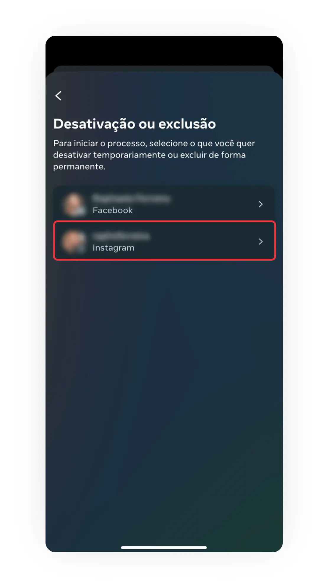 Perfil para desativar ou excluir do Instagram no celular.