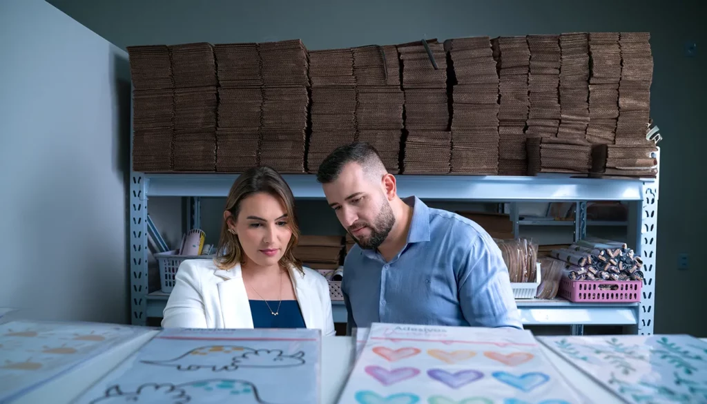 Na imagem, vemos os fundadores da Printme trabalhando no galpão.