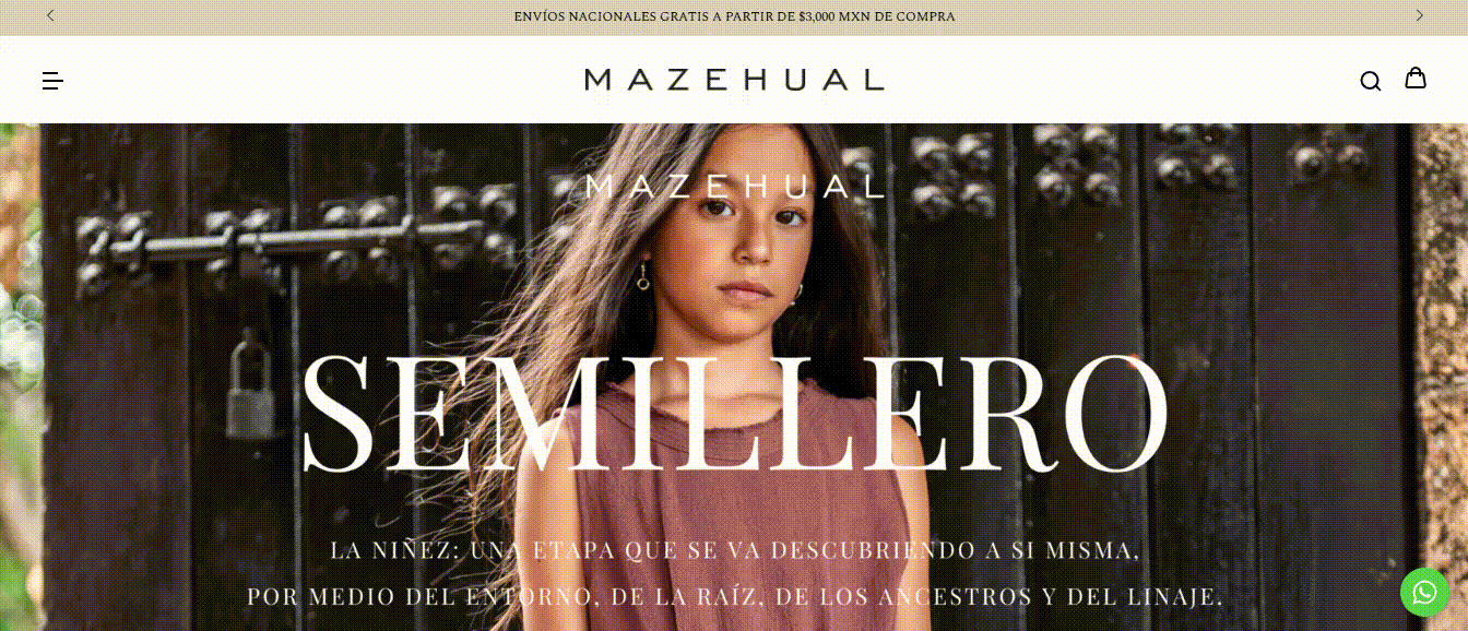 Grabación de pantalla de la tienda de MAZEHUAL, creada con la plantilla de Tiendanube Cali.