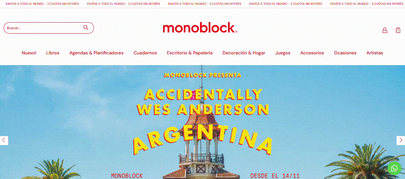 Grabación de pantalla de la tienda de Monoblock, creada con la plantilla de Tiendanube Rio.