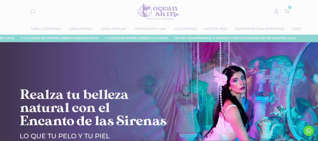 Grabación de pantalla de la tienda de Ocean Skin, creada con la plantilla de Tiendanube Recife.