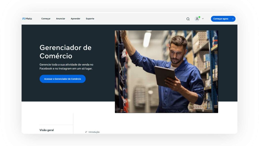 Captura de tela da página inicial do Gerenciador de Comércio da Meta.