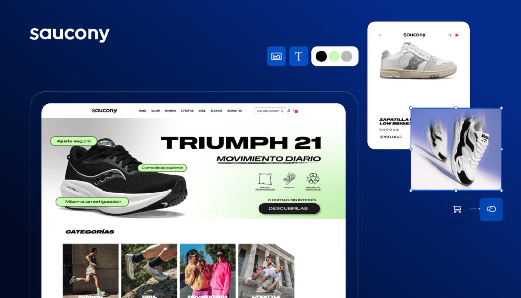 Capturas de pantalla del e-commerce de Saucony, creado con Tiendanube Evolución y Leren.