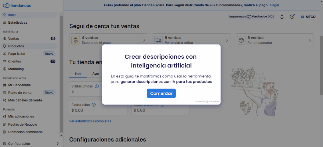 Herramienta para redactar descripciones de productos con IA disponible en Tiendanube.