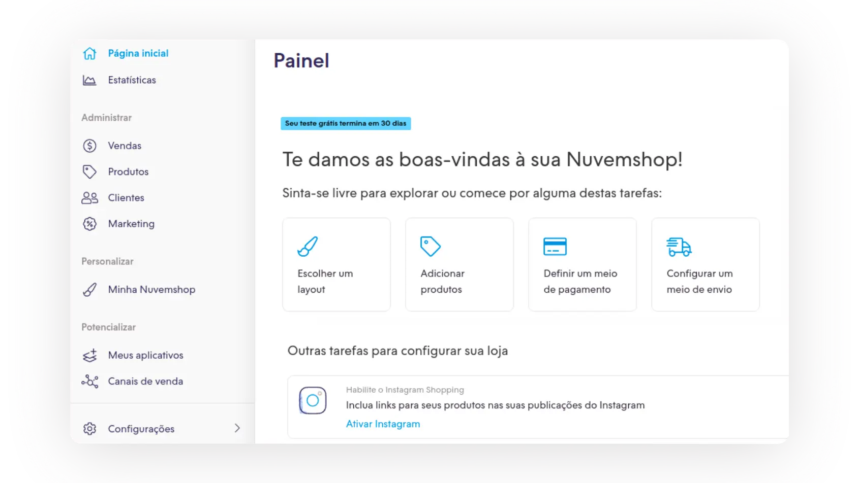 Exemplo de painel administrativo na plataforma da Nuvemshop.