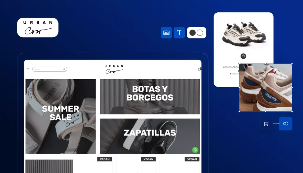 Captura de pantalla con mockups de la tienda de Urban Cow creada con la tecnología de Tiendanube Evolución.