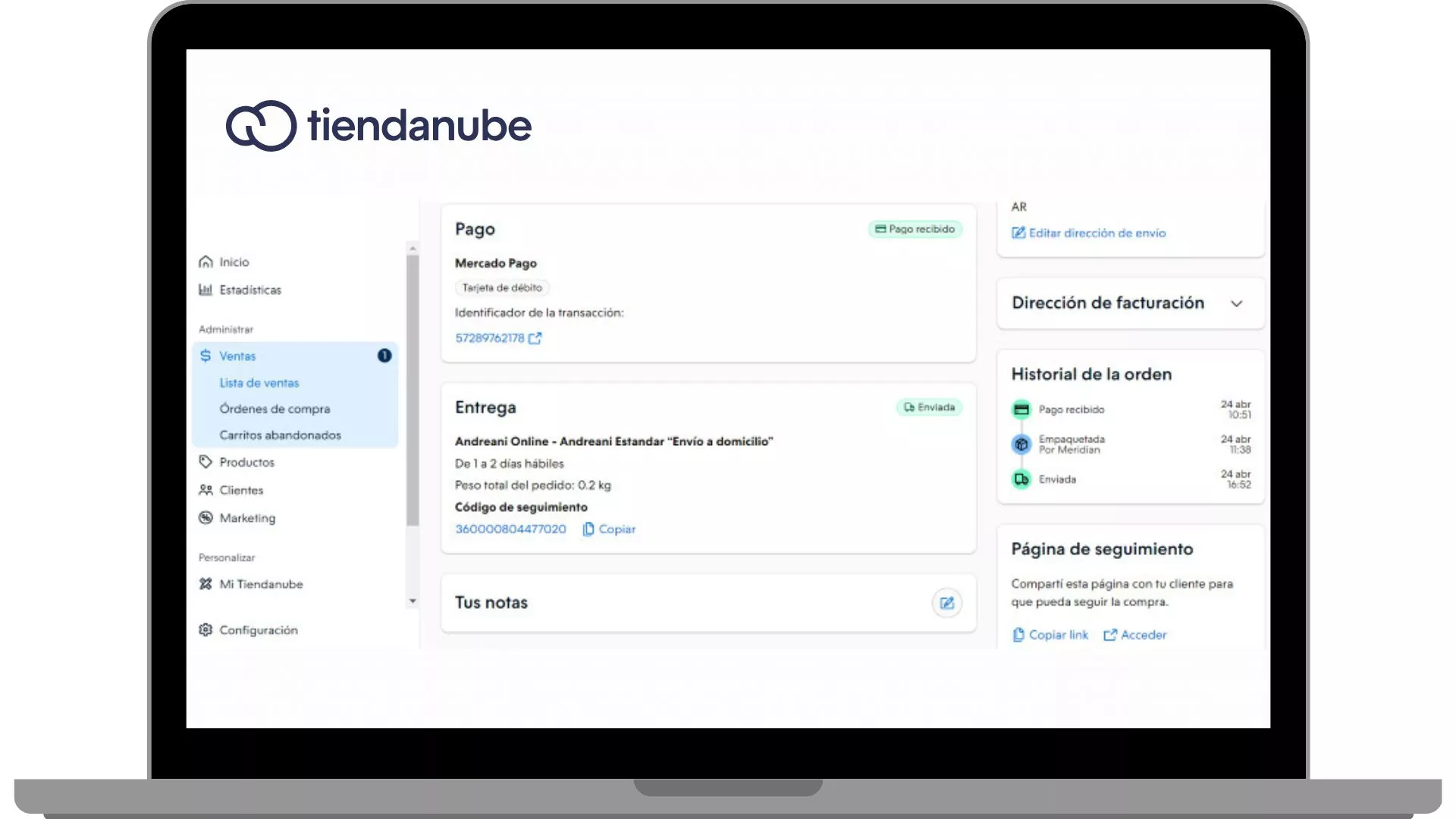 Ejemplo de cómo rastrear el envío de un paquete desde el administrador de Tiendanube.