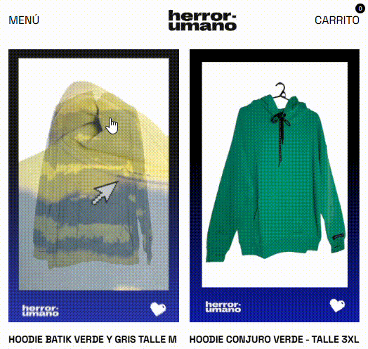 Captura de pantalla de los menús de la tienda de moda sustentable de ERROR HUMANO.