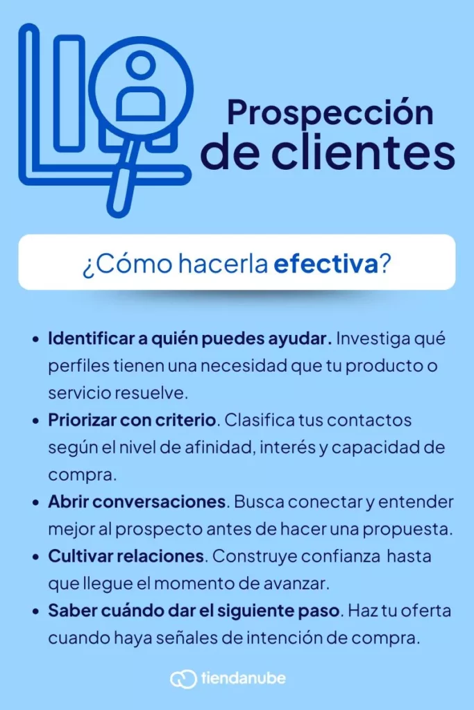 Cómo hacer una prospección de clientes efectiva: identificar a quién puedes ayudar, priorizar con criterio, abrir conversaciones, cultivar relaciones con potencial y detectar el momento de avanzar.