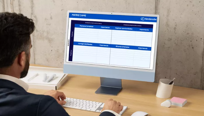 ¿Qué es la matriz CAME y cómo hacerla? Paso a paso Hombre haciendo un análisis CAME en su computadora.