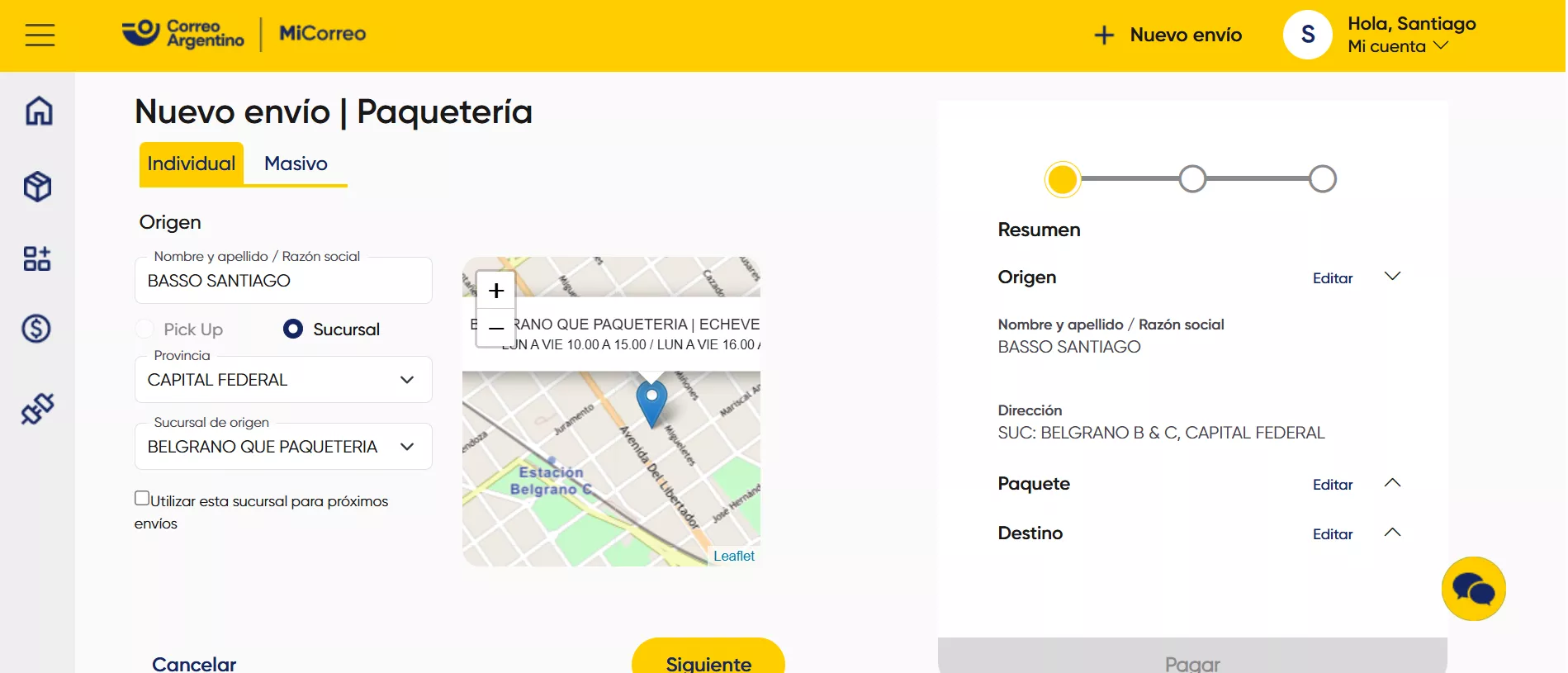 Formulario para completar datos en Mi Correo.