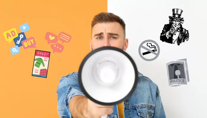 Publicidad y propaganda: sus 6 diferencias principales Diferencia entre publicidad y propaganda representada por un hombre con un megáfono delante de un fondo de dos colores.
