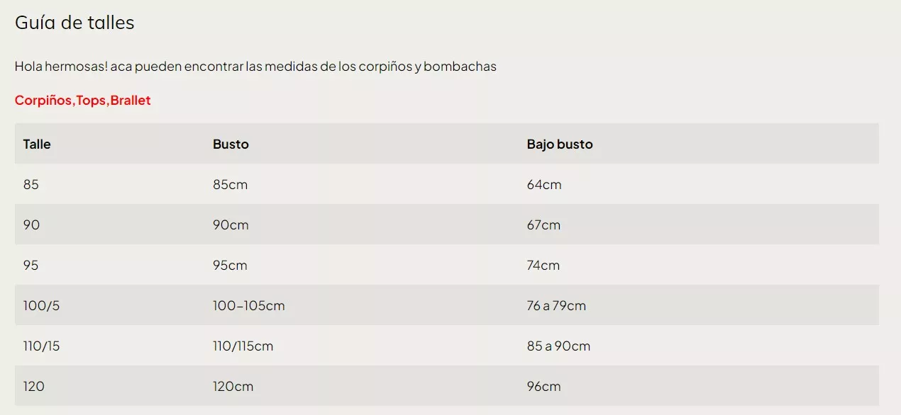 Guía de talles de una Tiendanube de ropa: Simona Lencería.