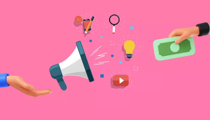 Qué es paid media, sus tipos y cómo usarla en marketing digital Representación de paid media con una mano dando dinero y otra recibiéndolo a cambio de anuncios.