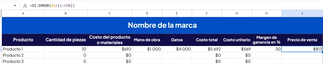 Captura de la planilla de fijación de precios.