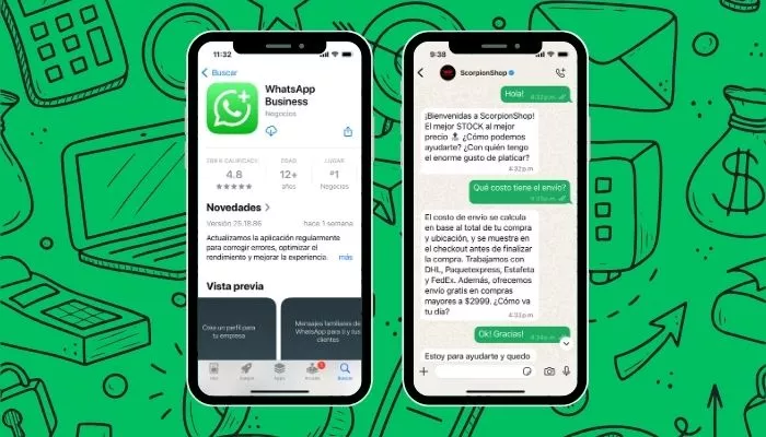 Pantallas de un smartphone mostrando cómo funciona WhatsApp Business para atención y ventas online.