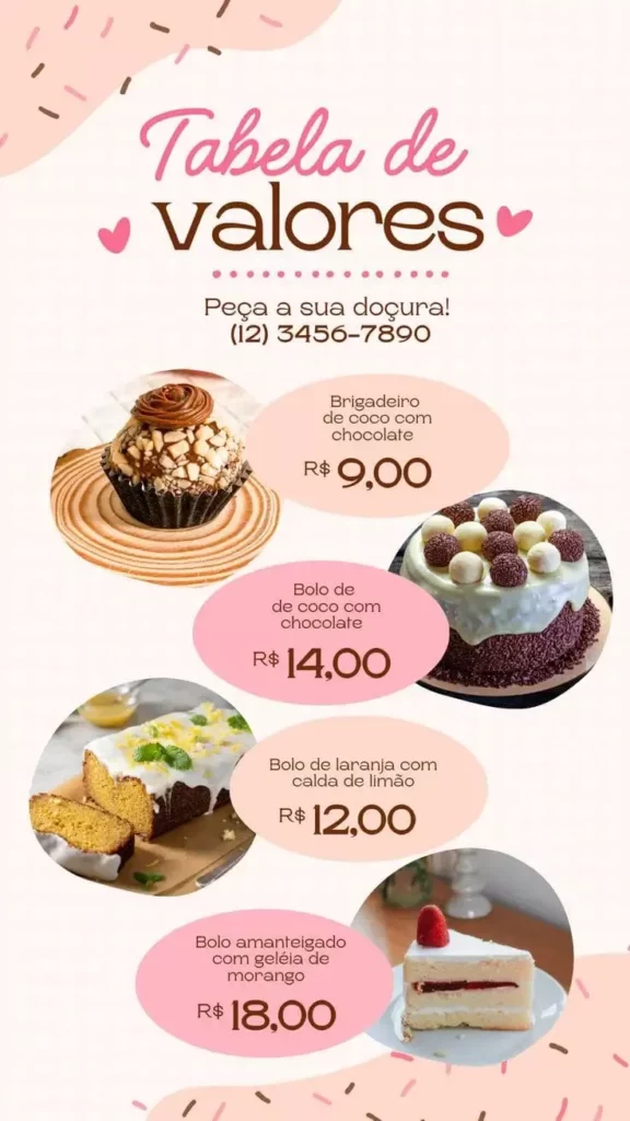 Exemplo de uma tabela de preços usada para vender bolos e doces online. 